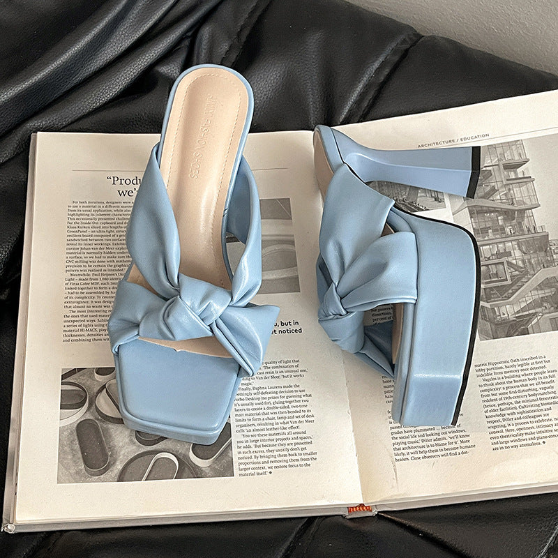 Fashion temperament bow women's thick heel one-word slippers summer French retro height-increasing and thin high-heeled cool slippers