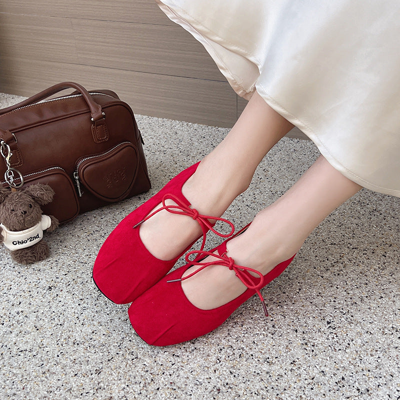 Vintage casual inner heightening single beanie shoes women's summer lace-up bow leather shoes comfortable ballet Mary Jane shoes