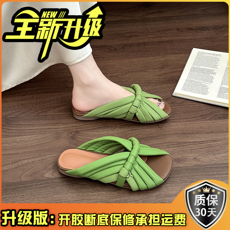 summer new niche design flat bottom outside wearing cool slippers women's hand-woven fish mouth casual one-word drag