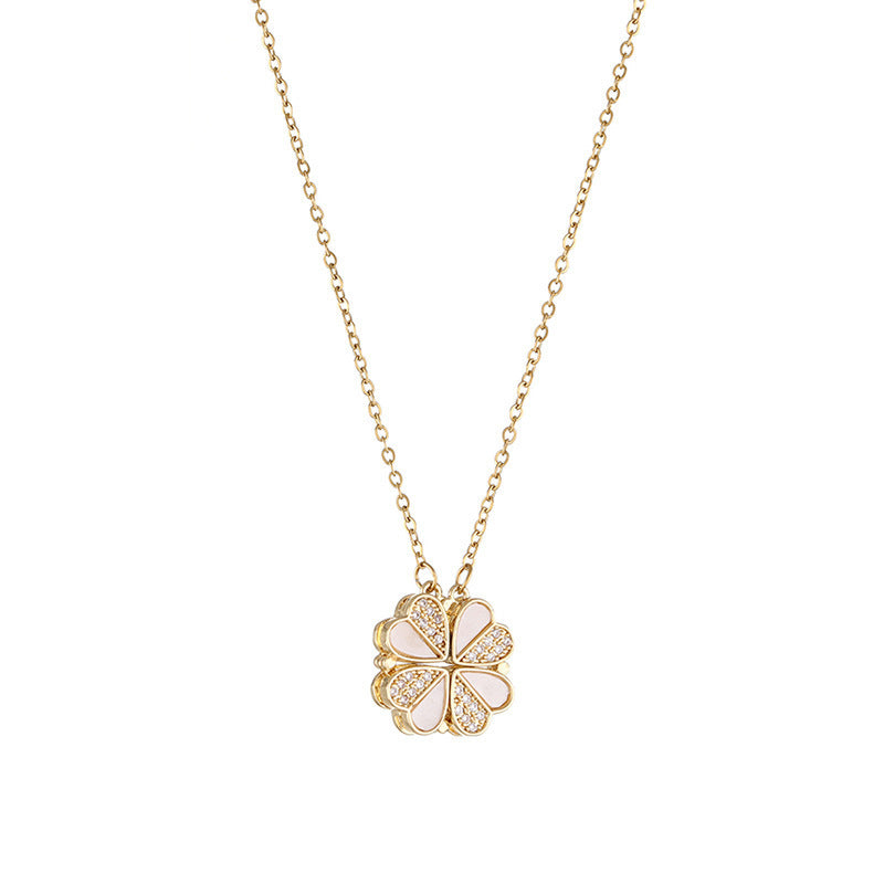 The Korean version of the live broadcast titanium steel necklaces for women wears more four-leaf clover magnetic zircon pendant high-end collarbone chain jewelry.