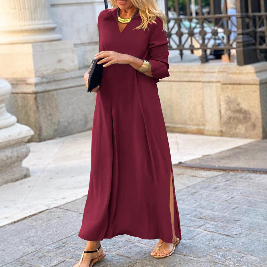 European and American dresses, new solid color V-neck long-sleeved simple casual skirts, autumn and winter dresses
