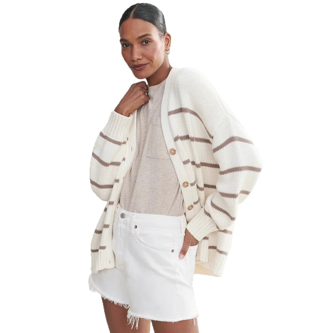 Striped knitted cardigan women's European, American autumn and winter new V-neck cardigan sweater pure cotton striped sweater women