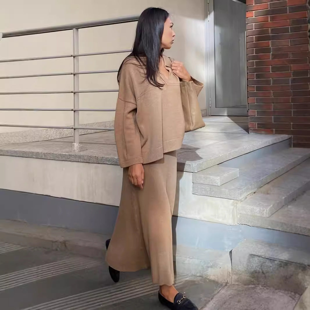 Cross-border knitted set Europe, America winter new fashion simple style V-neck knitted sweater skirt set suits