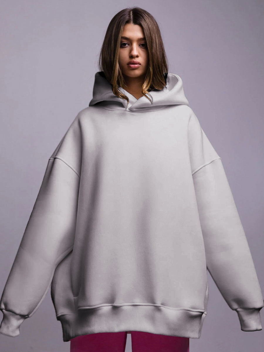 Cross-border solid color hooded sweater, European, American autumn and winter new women's fashion simple casual loose hoodie sweater