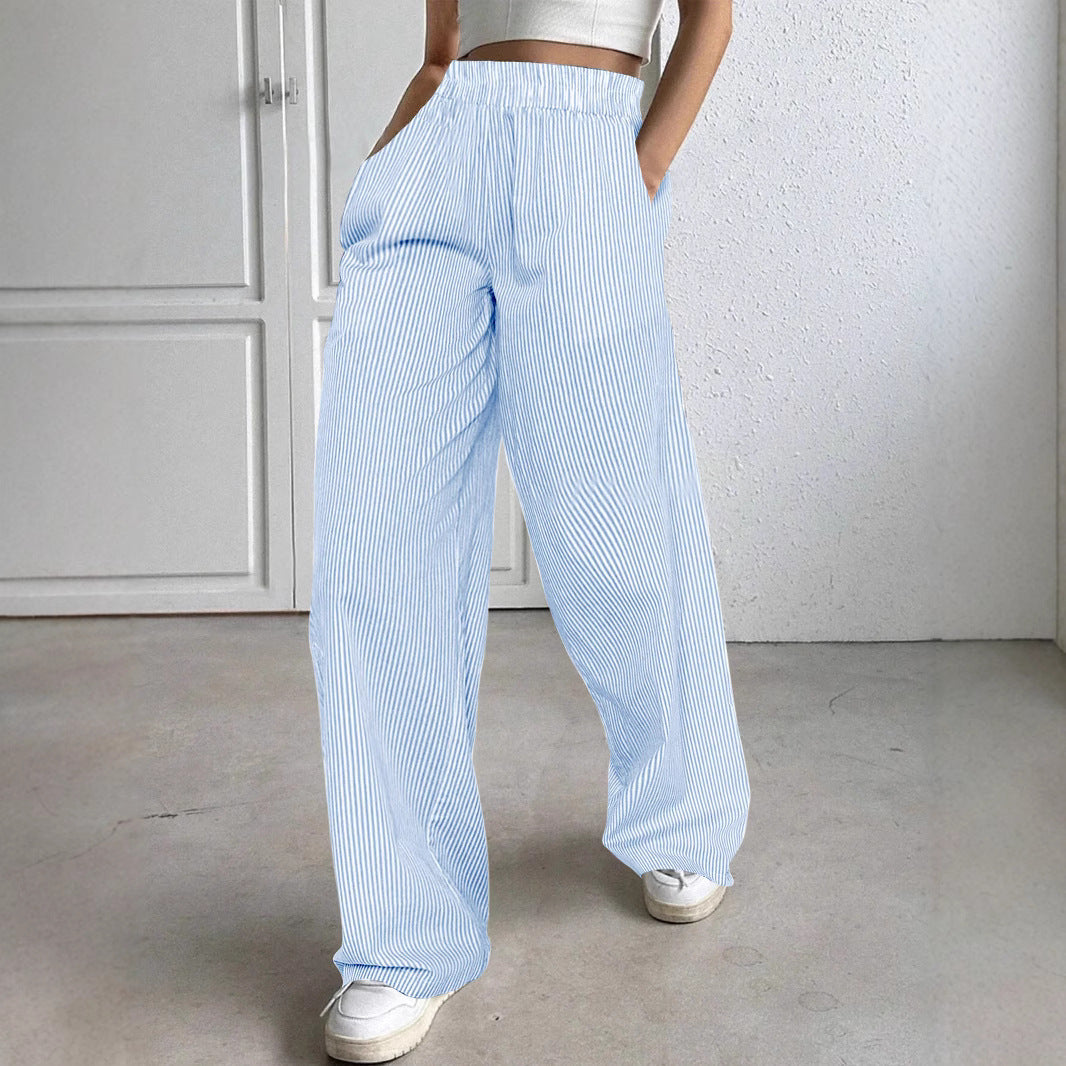 European and American striped wide-leg casual street straight high-waisted women's trousers pant