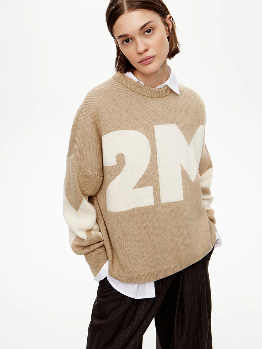 Alphabet sweater European, American autumn and winter knitting fashionable versatile contrasting color temperament round neck loose letter sweater