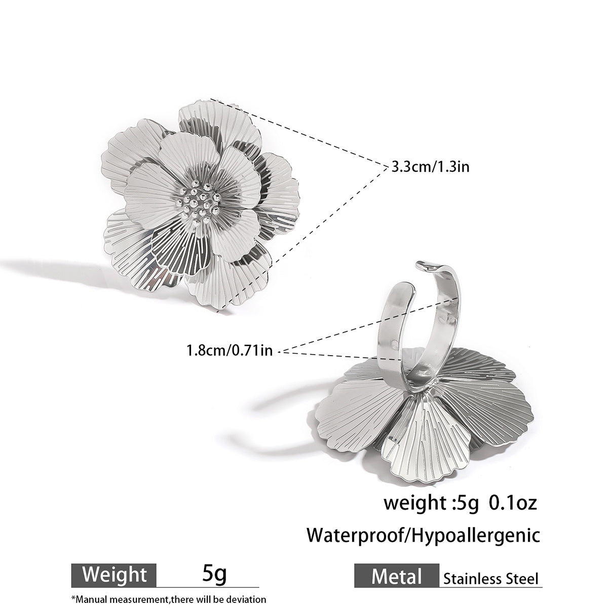 Malt stainless steel non-fading flower rings female three-dimensional opening design ring exaggerated European and American jewelry