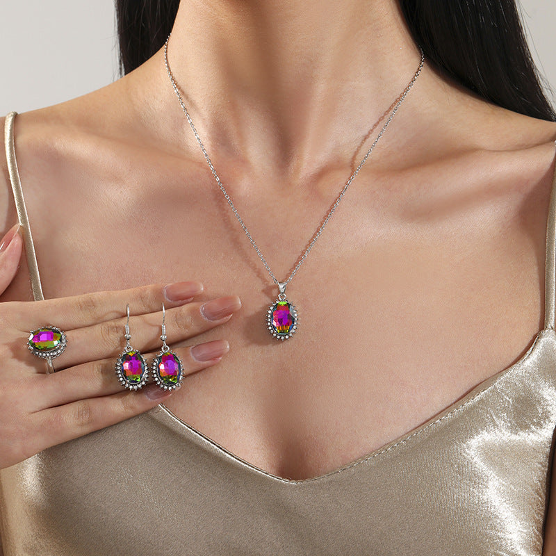 Dragon and explosive oval imitation zircon set super flash ring earrings necklace jewelry set wholesale