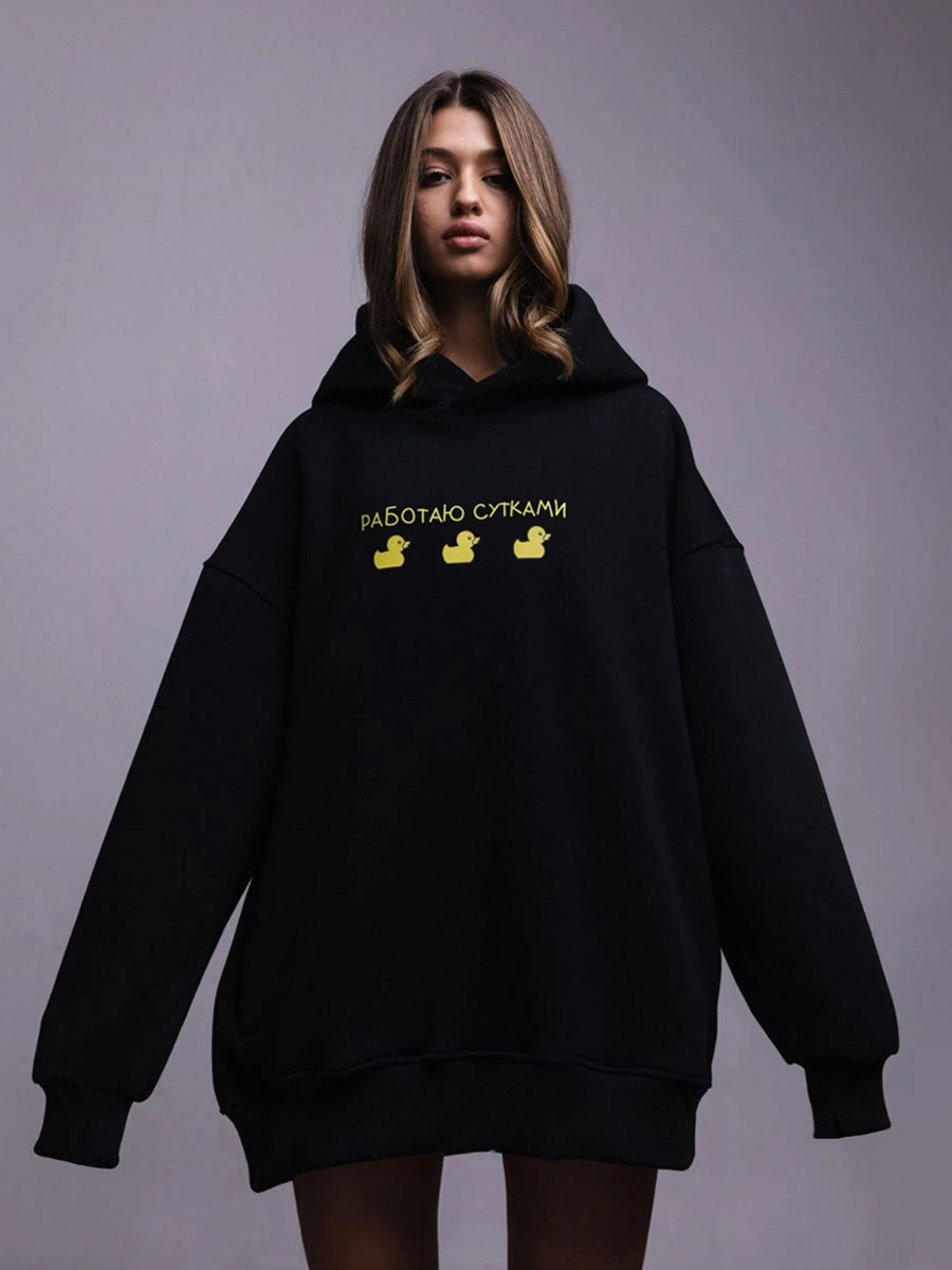 Medium and long hooded sweater, European, American autumn and winter women's three ducks printed loose casual hooded sweater