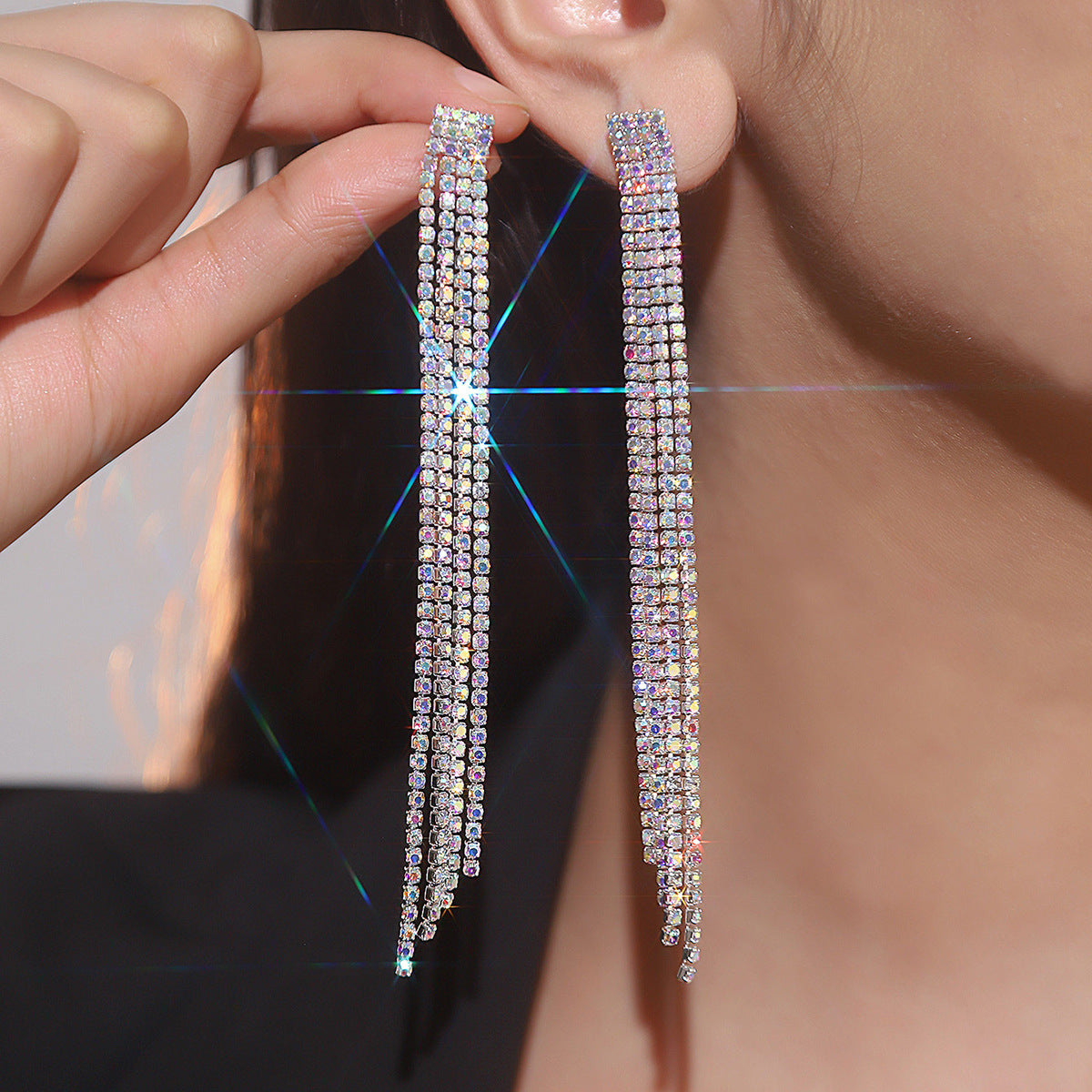 Machika high-end super flash full diamond long fringed earrings women's fashion temperament rhinestone ear jewelry earrings