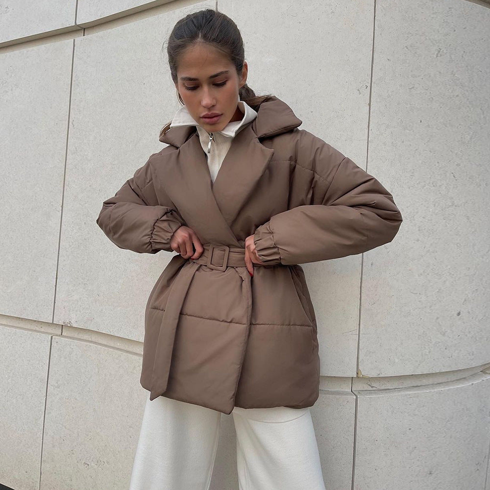 Lapel cotton clothes European and American winter new thickened and thin waist cotton clothes solid color belt cotton clothes jackets