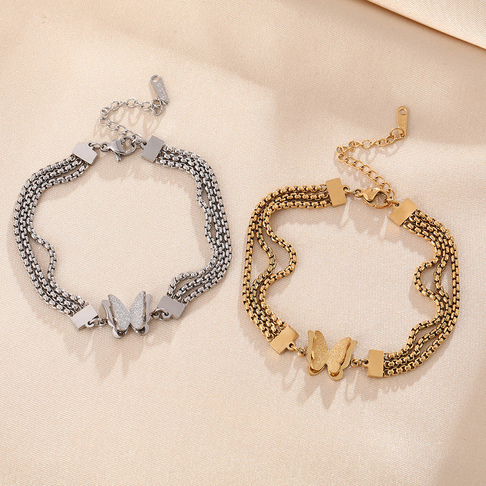 Internet celebrities with the same fashion three-layer wide titanium steel bracelet women's high-end matte butterfly furnace color-preserving electroplating jewelry