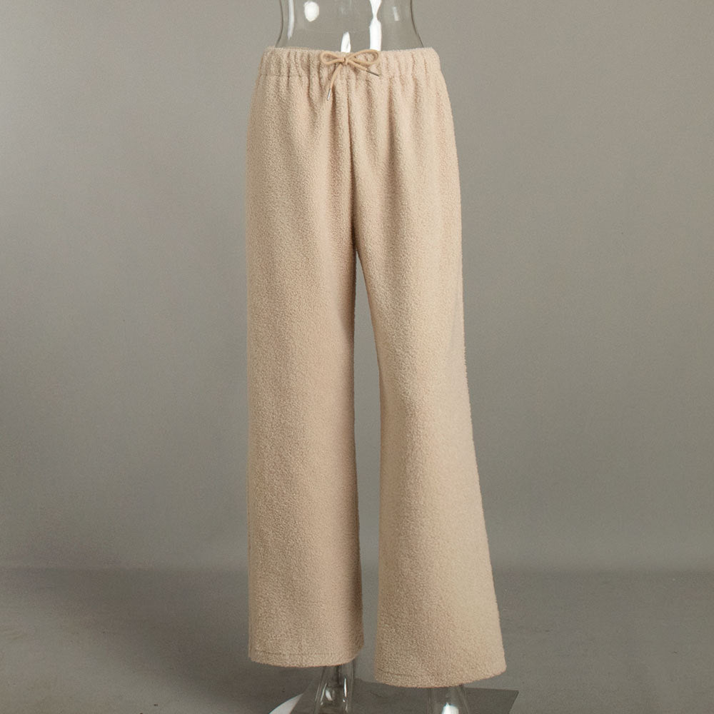 Lamb wool wide-leg trousers European, American autumn and winter new women's casual temperament commuter loose straight-leg trousers pant