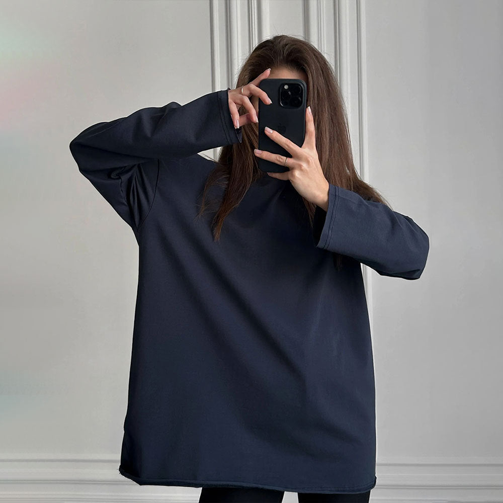 Pure cotton T-shirt women's European and American cross-border spring new loose solid color Oversize round neck long-sleeved t-shirts