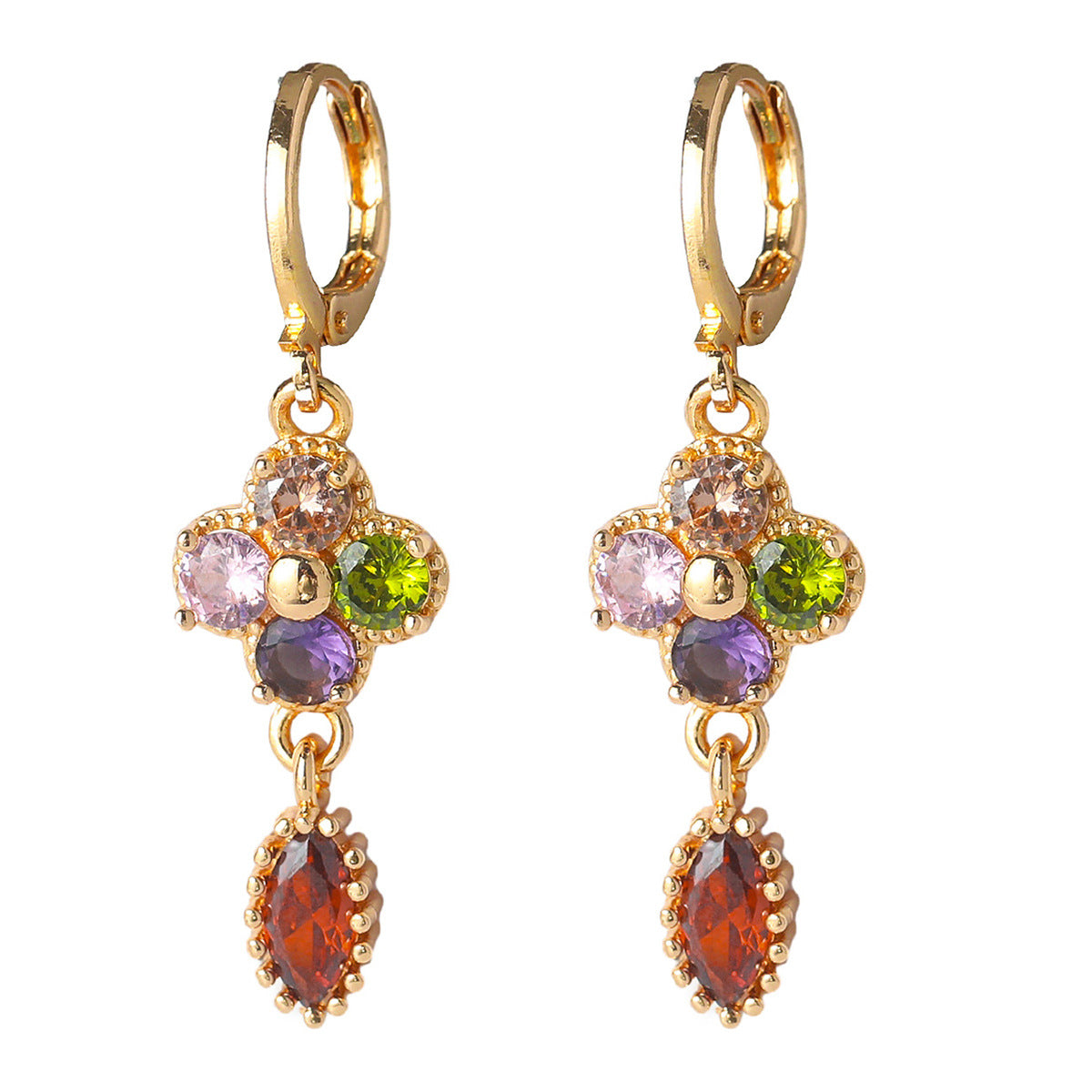 Choka, classic retro high-end luxury long-ear buckle women, fashionable color zircon earrings, versatile copper ear jewelry