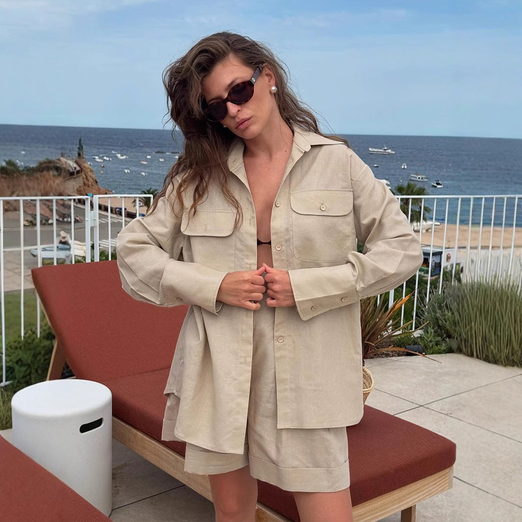 Cross-border pure cotton long-sleeved shirt shorts set women's European, American and summer new loose and breathable fashion casual suits