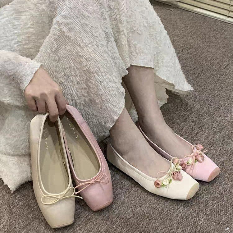 Ballet shoes single beanie shoes women's spring new flat temperament socialite wear square head Mary Jane shoes bridesmaid