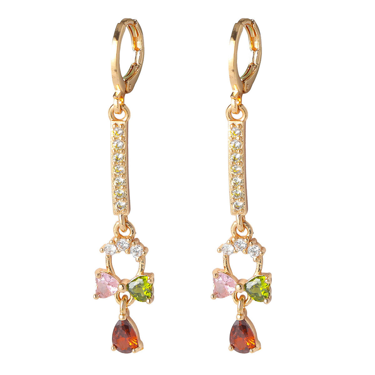 Choka, classic retro high-end luxury flower long-ear buckle women, fashionable color zircon earrings, versatile copper earrings.