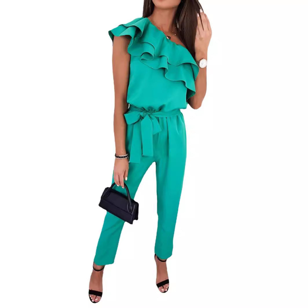 European and American women's clothing, casual shoulder fungus edge slim-fitting lace-up jumpsuit and pants suits