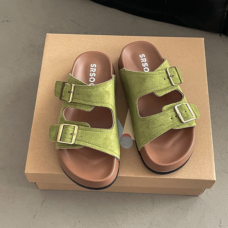 Casual fashion green slippers women's outerwear summer new thick-soled non-slip beach one-word sandals
