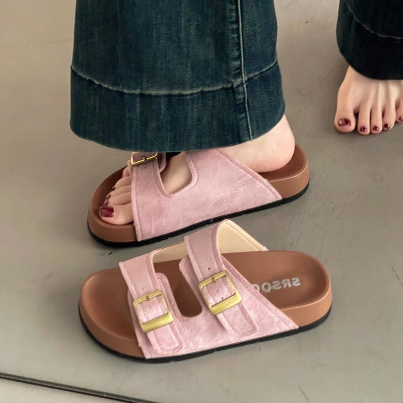 Casual fashion green slippers women's outerwear summer new thick-soled non-slip beach one-word sandals