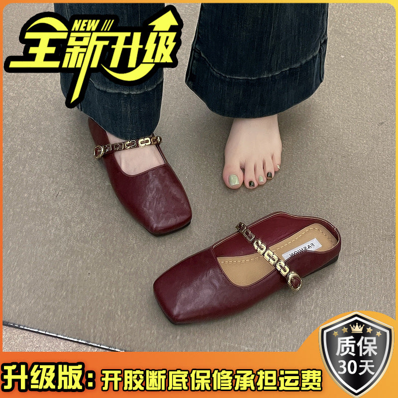 French bag head half slippers women's outer wear spring and summer new Korean version square head flat bottom one pedal Mary Jane single shoes