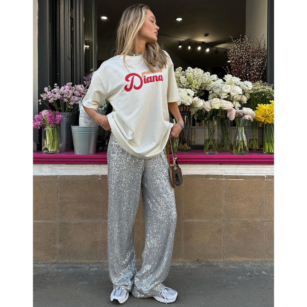 sequined trousers European and American autumn and winter new insY2K trend American pearlescent sequined straight mopping trousers pant