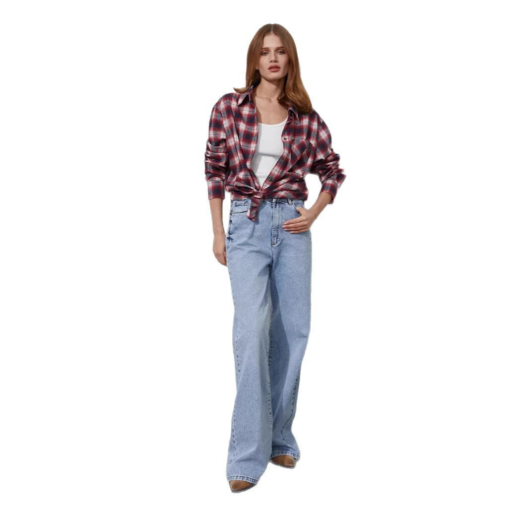Plaid Shirt Women's European, American Spring and Summer Loose Versatile Shirt Pure Cotton Plaid Neutral Wind Shirt Women t-shirts