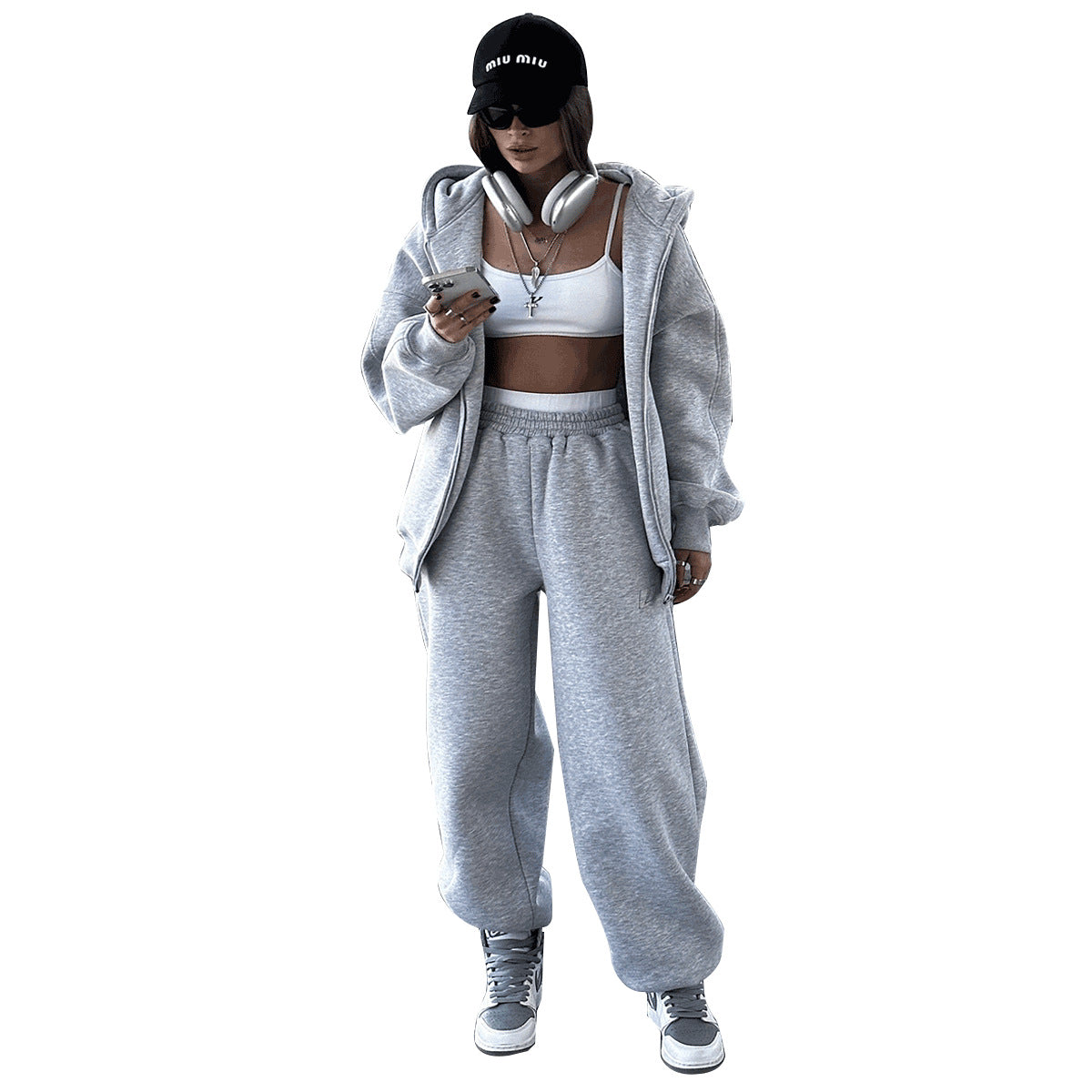 Cross-border sweater cardigan set women's Europe, America and winter new sports and leisure fleece cardigan sweater set suits