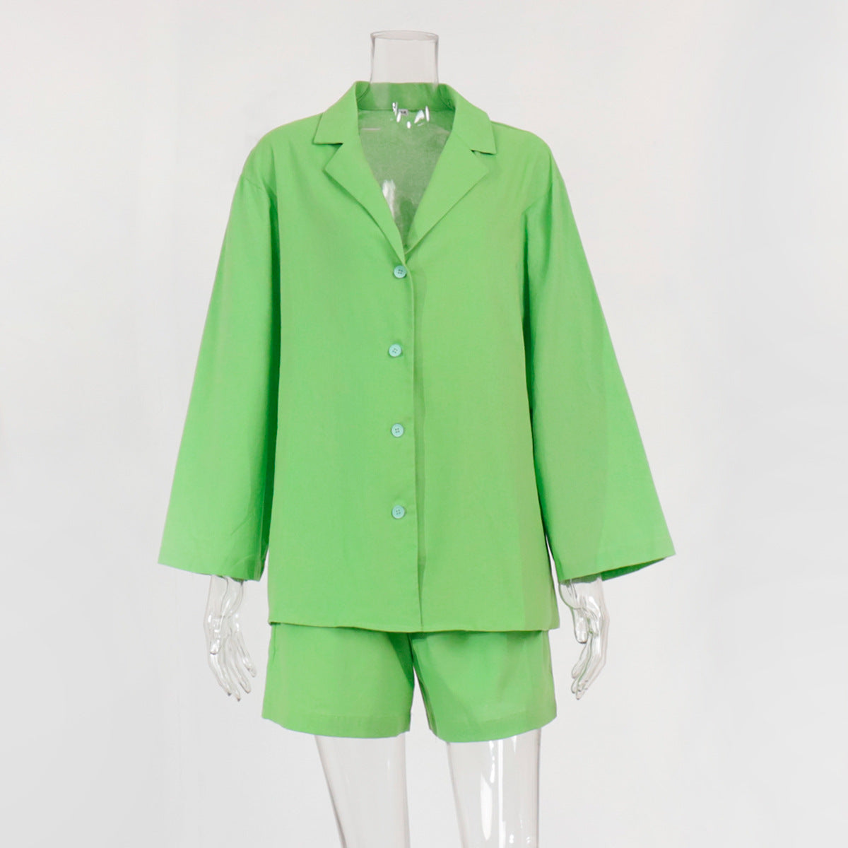 Pure cotton shorts set for women's European and American summer lapel loose single-breasted shirt + high-waisted straight-leg pants two-piece set suits