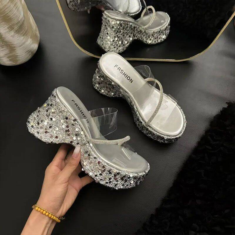 Thick-bottomed wedge slippers women's new summer outer wear fashion sequins transparent one-word set toe high-heeled sandals women