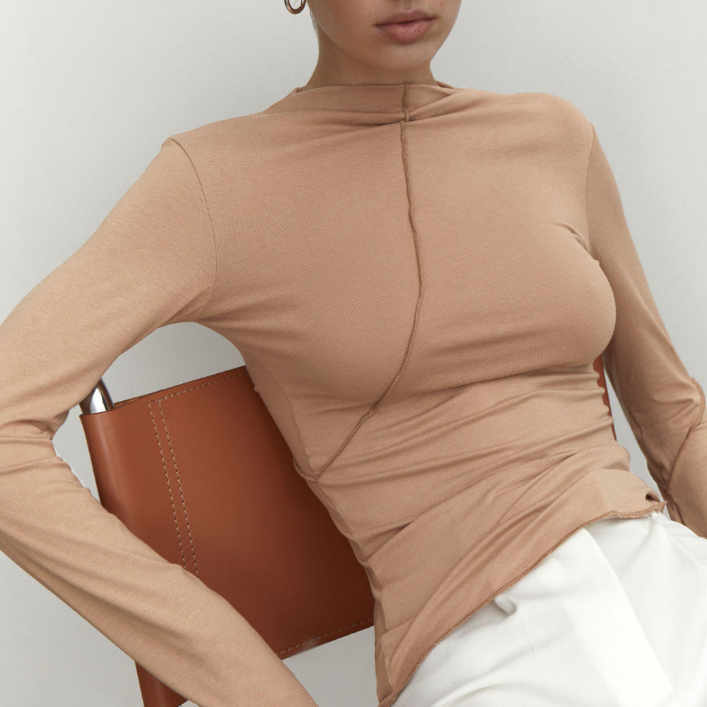 Semi-turtleneck bottoming shirt, European and American spring and summer fashion beveled edge design, slim fit, long-sleeved pullover T-shirts inside