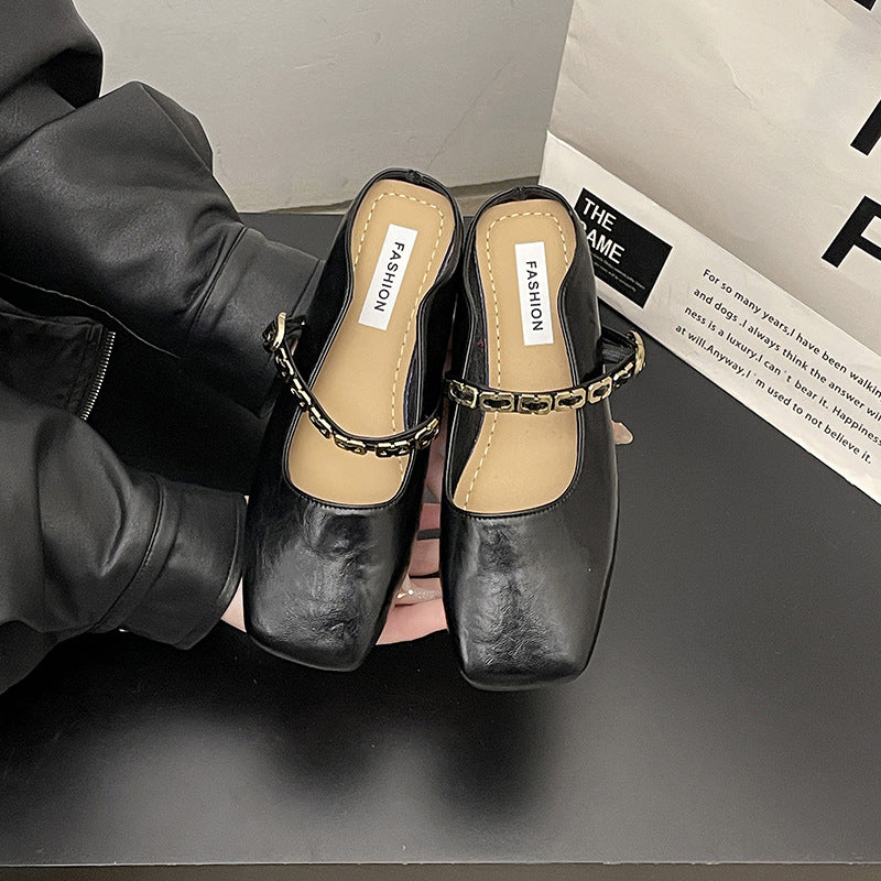 French bag head half slippers women's outer wear spring and summer new Korean version square head flat bottom one pedal Mary Jane single shoes