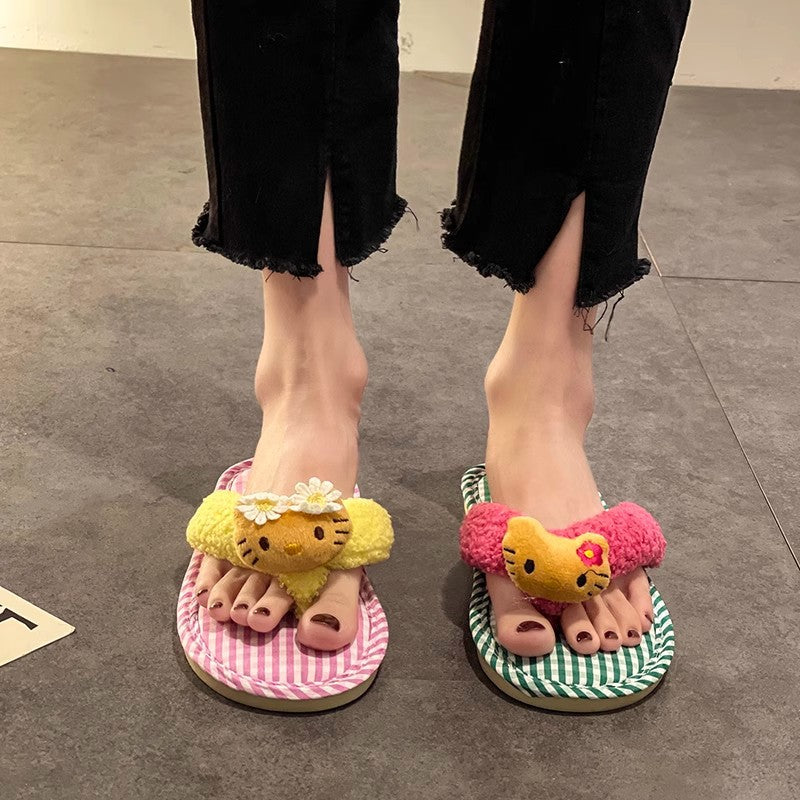 Fashion cartoon Hello Kitty beach cool slippers women's spring summer soft-soled fluffy shoes seaside niche design flip-flops