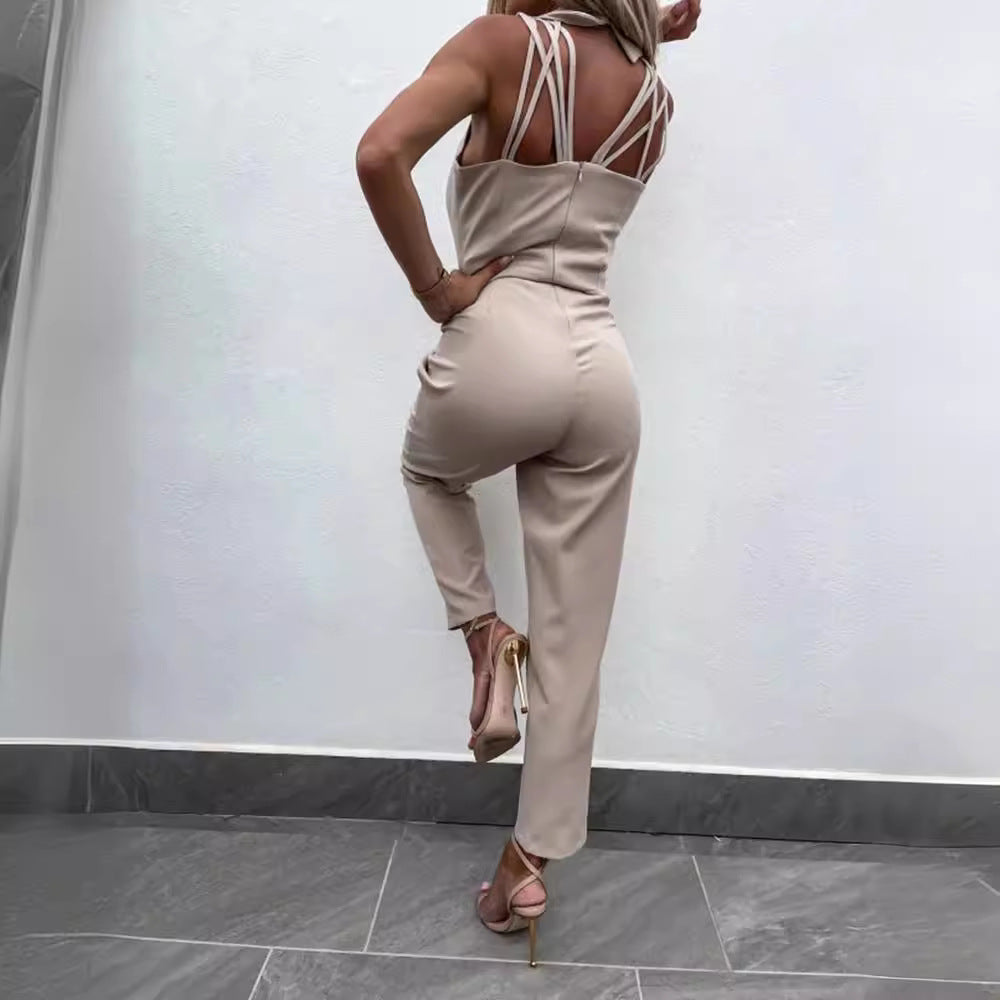 European and American women's clothing independent station new, sleeveless green fruit collar metal decorative backless slim jumpsuit suits