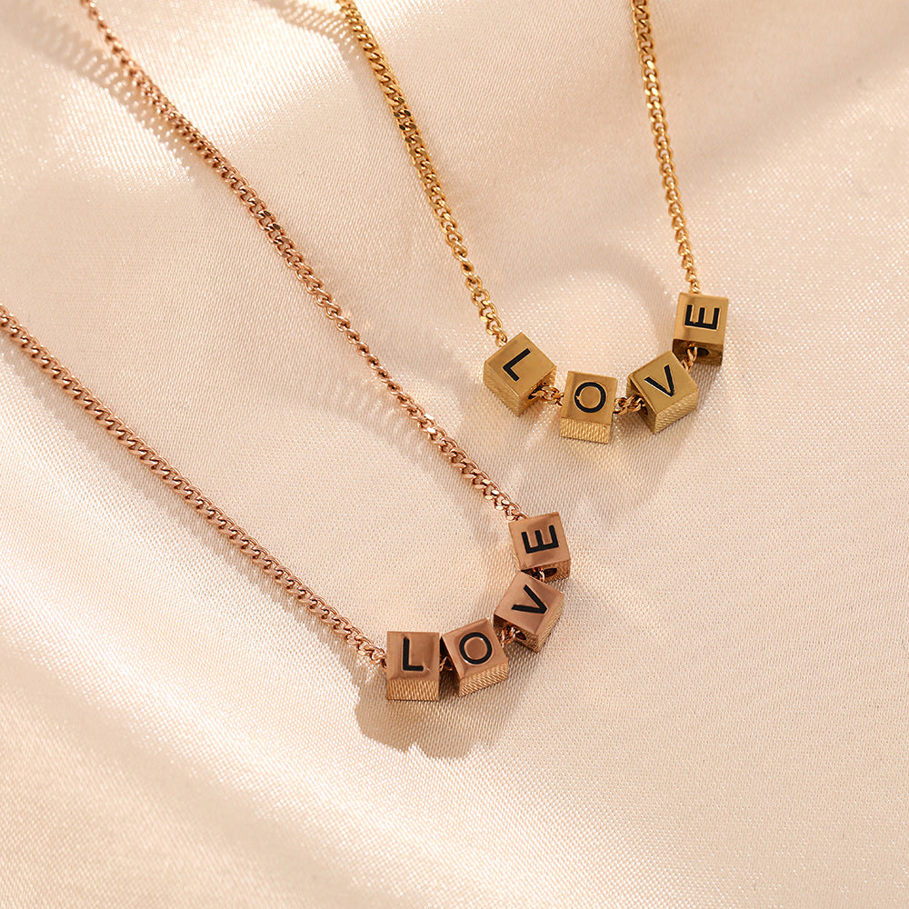 Personalized titanium steel necklace women's LOVE square dice letter pendant light luxury fashion collarbone chain jewelry wholesale