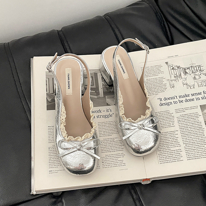 French niche design sense bow with lace thick heel cool slippers women's summer new one-word sandals