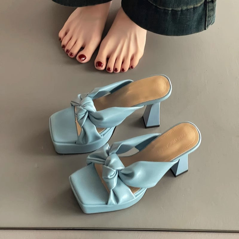 Fashion temperament bow women's thick heel one-word slippers summer French retro height-increasing and thin high-heeled cool slippers