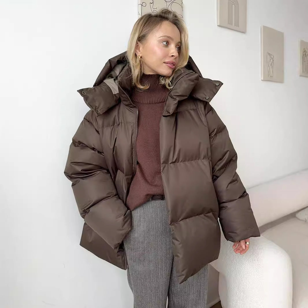 Padded jacket women's winter European and American new padded jacket loose padded jacket solid color hooded padded coat jackets