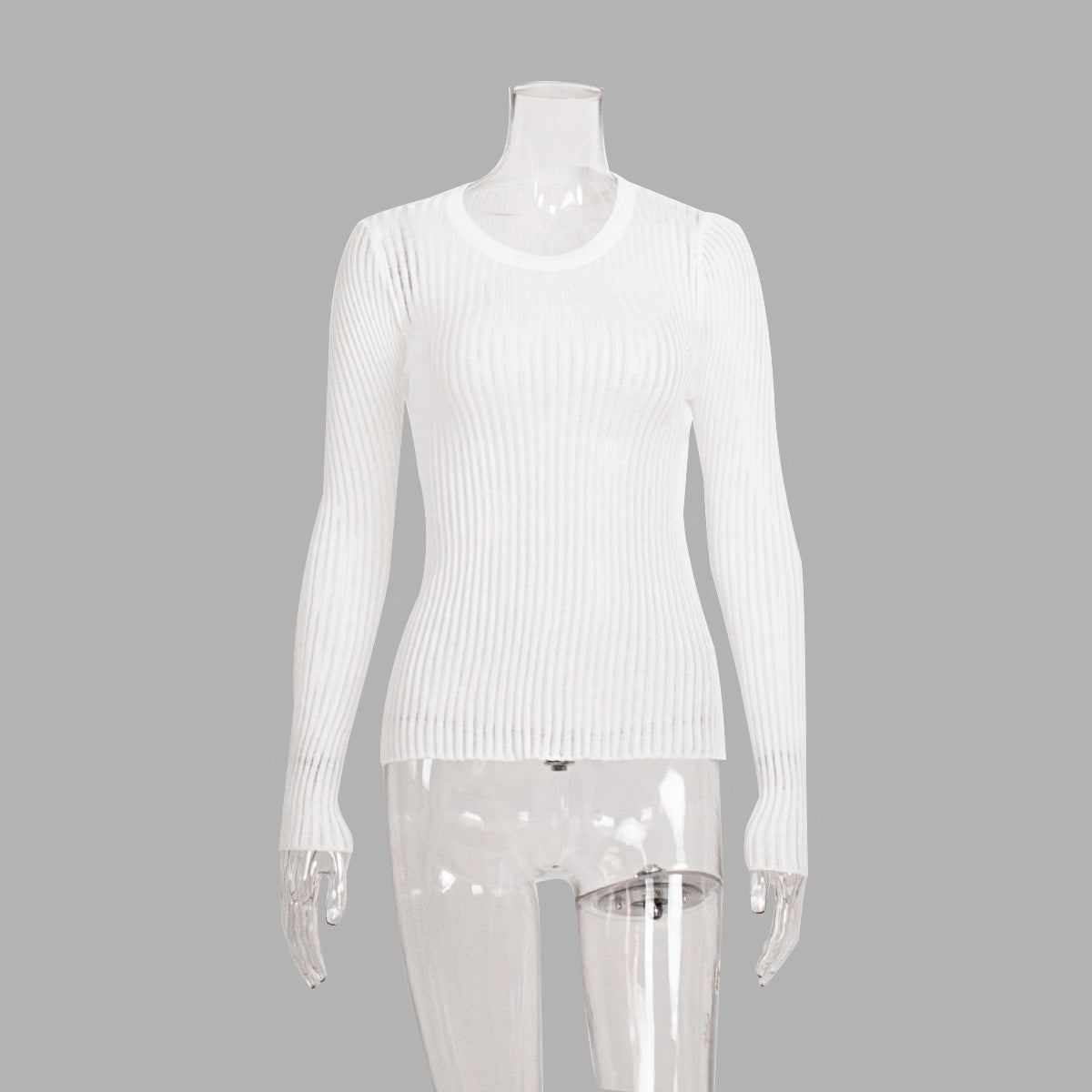 Hollow knitted sweater European, American spring and summer sexy slim-fitting wool round neck long-sleeved thin pit strip knitted sweater