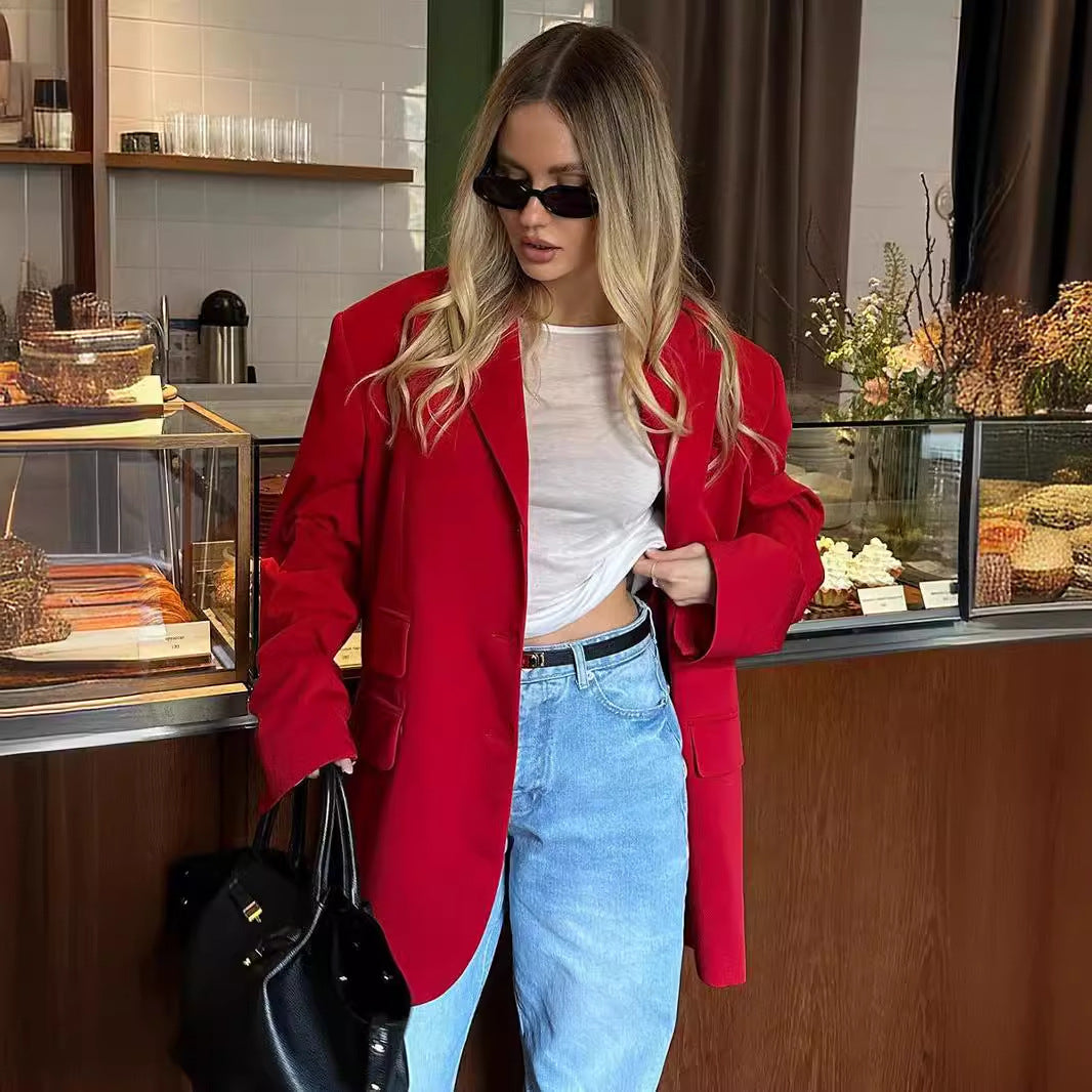 Red suits European and American summer new temperament shoulder pads loose lapel pocket red blazer