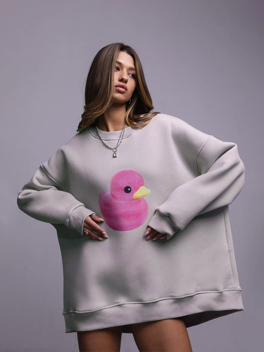 Cross-border duck crew neck sweater women's European and American autumn new women's simple casual loose crew neck printed sweater