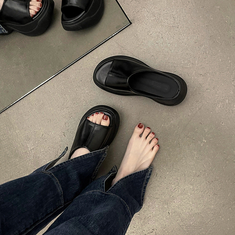 Internet celebrity explosion round head high heel one-word drag women wear summer new heightening non-slip super soft cool slippers