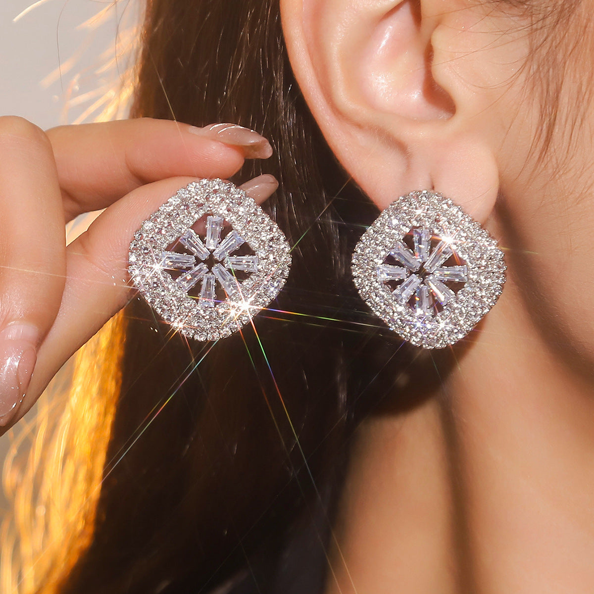 European and American style simple and versatile geometric square full of diamonds zircon earrings women's temperament shiny crystal stud earrings ear jewelry