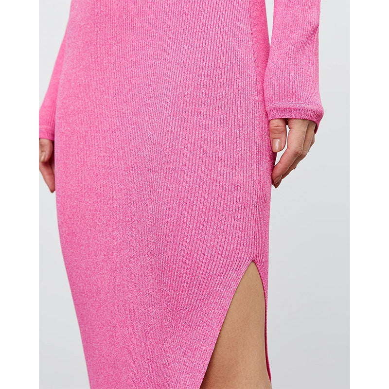 Crew neck split knitted dress European and American autumn and winter temperament versatile solid color high waist tight dress