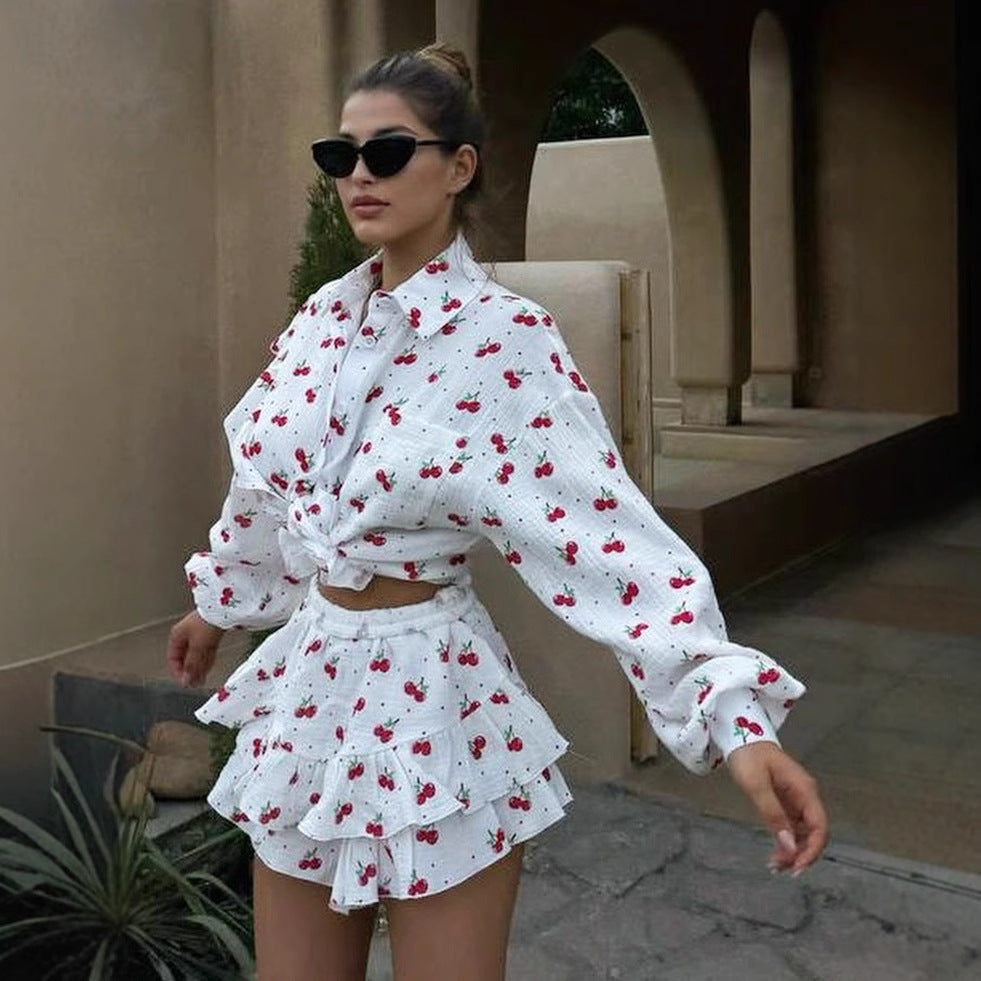 Cross-border cotton printed shorts set, European and American spring and summer ruffle edge long-sleeved shirt + shorts casual set suits