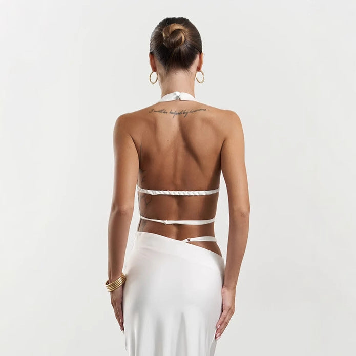 Solid color neck tube top, European and American summer new slim-fitting sexy backless irregular tube top woman t-shirts