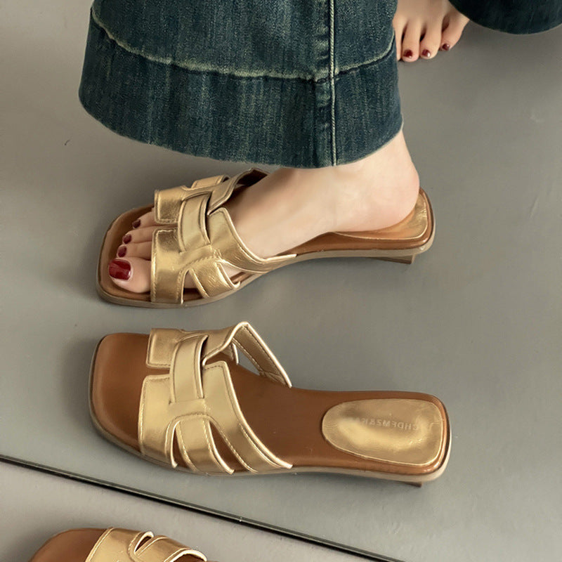 French retro temperament flat bottom one-word open-toe slippers women's spring and summer new versatile casual cool slippers