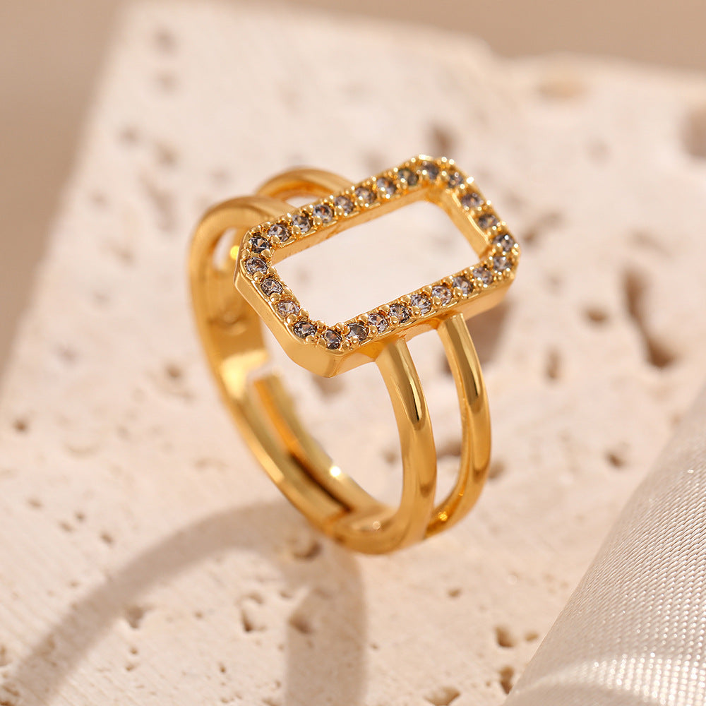 New ins wind zircon hollow opening rings 18k copper gold-plated geometric square ring women's personality jewelry spot
