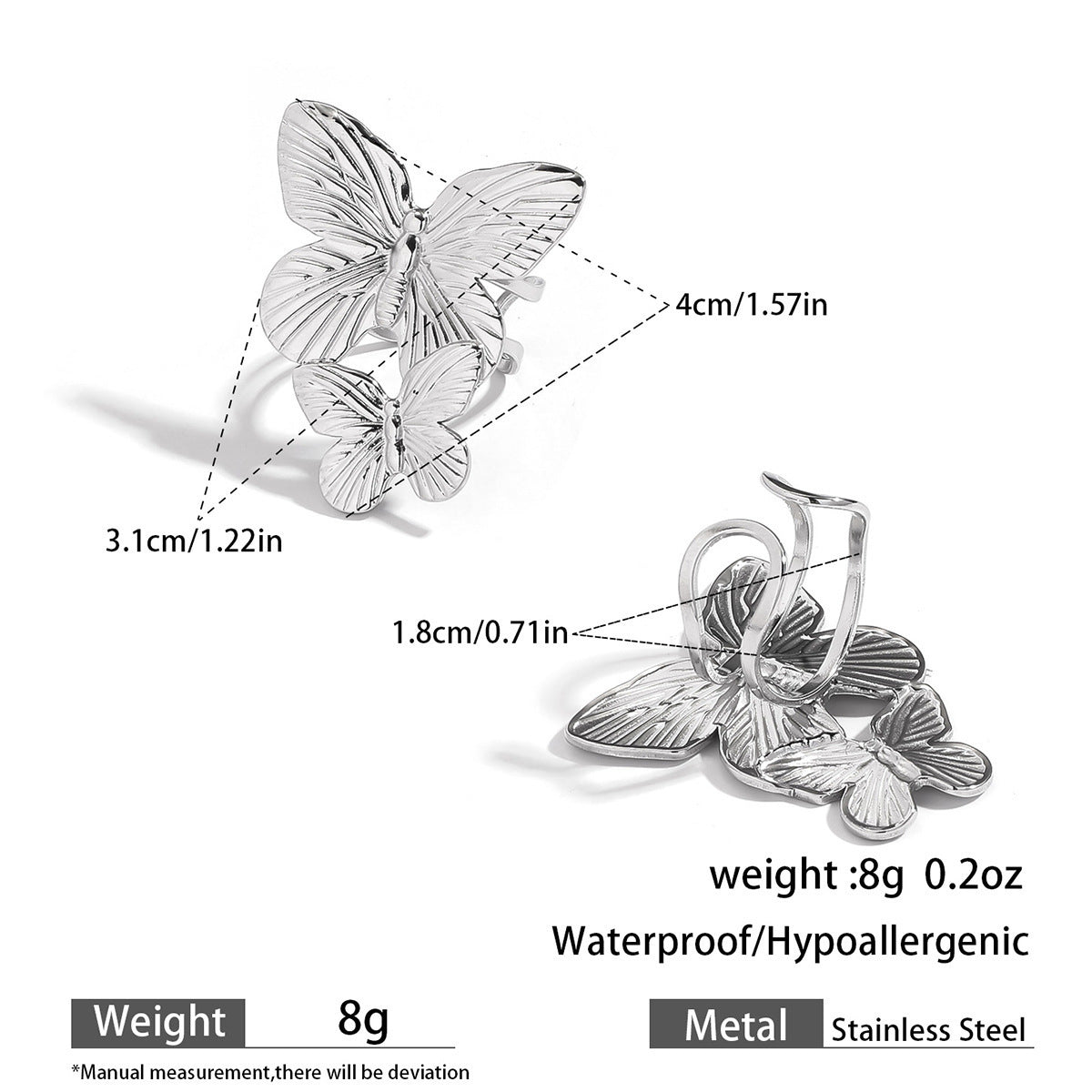 Malt European and American stainless steel titanium steel butterfly open rings ring ring earrings earrings light luxury high-end set jewelry